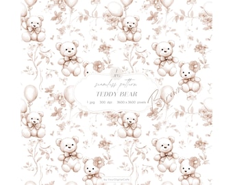 Patroon van een bruine teddybeer, naadloze achtergrond voor de kinderkamer, digitaal papier in Chinoiserie-stijl, Toile de Jouy