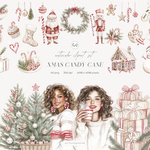 Gezellige kerst candy cane clipart: neutrale winter graphics, leuke kerst png, stickers illustraties (digitale download) afbeelding 1
