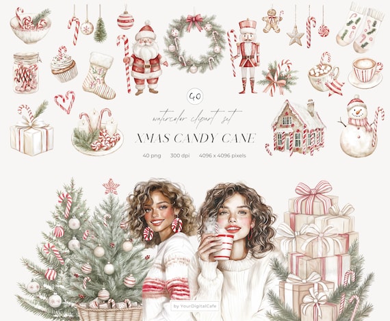 Cozy Christmas Candy Cane Clipart: Neutral Winter Graphics, Cute Christmas PNG, Stickers Clip Art (Digital Download)