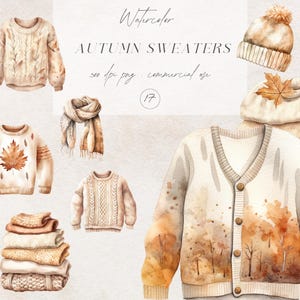 Aquarell gemütliche Herbst Clipart, neutrale Herbst Bilder, Pullover Grafiken PNG, Herbst Wolle Pullover Clip Art, digitaler Download, kommerzielle Nutzung