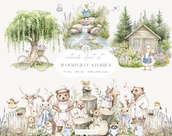 Watercolor Woodland Stories Clipart: Forest Animals PNG, Spring Woodland Clip Art, Summer Garden, Baby Shower, Nursery (Digital Download)