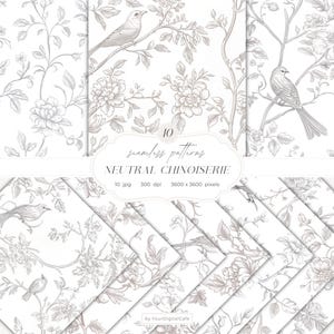 May include: A collection of ten seamless patterns with a neutral Chinoiserie design. The patterns feature detailed illustrations of birds, flowers, and foliage in shades of gray and white. The image includes the text "10 seamless patterns NEUTRAL CHINOISERIE".