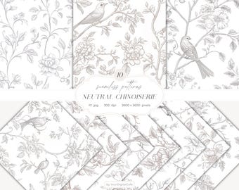 Neutral Chinoiserie Toile de Jouy Seamless Paper: Vintage Floral Patterns for Papers, Fabrics, POD (Digital Download)
