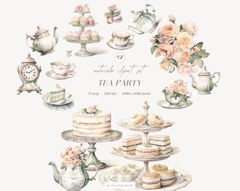 Tea Time Clipart: Watercolor Floral Vintage Tea Party Graphics, Pastel Desserts PNG (Digital Download)