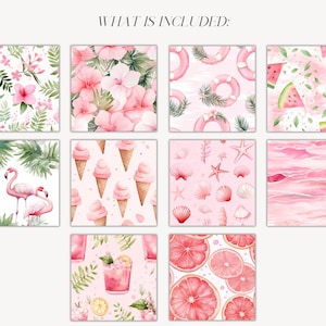 Pink Summer Elements Seamless Patterns: Watercolor Floral Background, Scrapbook Paper (Digital Download) image 2