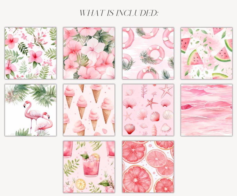 Pink Summer Elements Seamless Patterns: Watercolor Floral Background, Scrapbook Paper (Digital Download) image 2