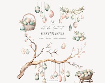 Clipart de ovos de Páscoa em aquarela: cesta de Páscoa, ovo pendurado em tons pastel (PNG), imagens de primavera (download digital)