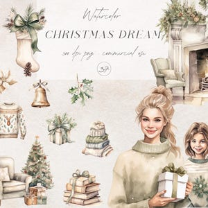 Clipart di Natale Boho, PNG di Natale neutro, Ornamenti invernali accoglienti, Natale rustico ad acquerello, Pacchetto PNG di Natale carino da scaricare digitalmente
