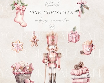 Pink Tis the season Christmas Png Clipart - Pink Christmas Clipart - Christmas Watercolor Clipart - Watercolor Christmas PNG - Junk Journals