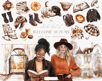 Welcome Autumn Watercolor Clipart: Cozy Fall PNG, Pumpkins, Cottagecore, Stickers Clip Art (Digital Download)