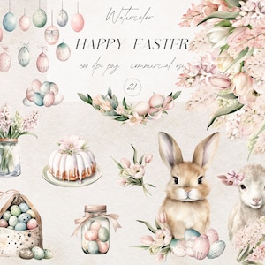 Watercolor Pastel Easter Clipart, Happy Easter PNG, Spring Graphics, Easter Bunny PNG, Easter Eggs, PNG For Stickers, Digital Download
