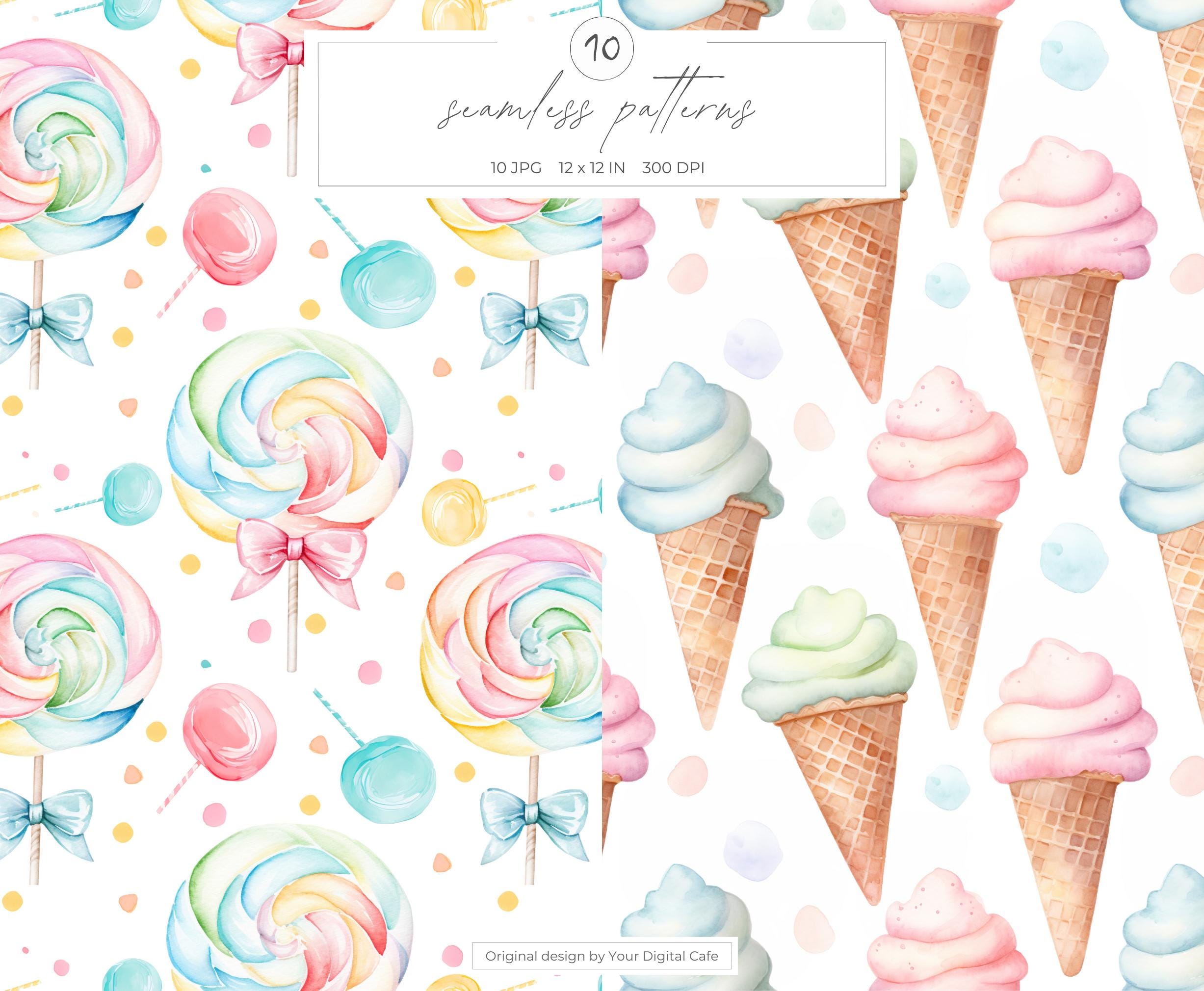 Watercolor Sweets Seamless Patterns, Pastel Candy Land Digital Paper ...