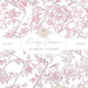 Roze chinoiserie toile de jouy naadloze patronen, vintage bloemmotief, chinoiserie digitaal papier, vintage clipart, instant download, JPG