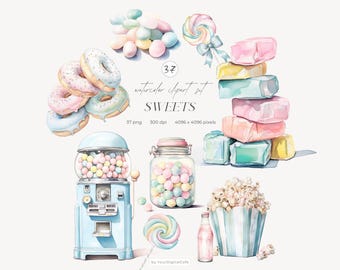 Watercolor Sweets Clipart: Pastel Nursery Clip Art, Deserts, Candy, Ice Cream (Digital Download)