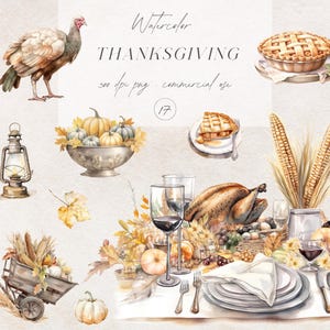 Watercolor Thanksgiving Clipart, Retro Thanksgiving Feast Graphics, Cozy Autumn Clip Art PNG, Harvest Feast Images, Download Commercial Use