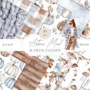 Patrones sin costuras acogedores de otoño con acuarela, papeles digitales de otoño neutros, hojas de otoño JPEG, patrón de calabazas, descarga digital de papel para álbum de recortes