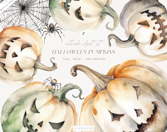 Spooky Halloween Pumpkins Watercolor Clipart: Jack-O-Lantern Images (Digital Download)