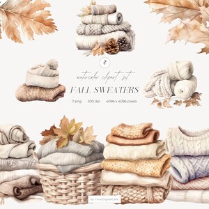 Watercolor Fall Sweaters Clipart: Cozy Neutral Autumn, Folded Wool Sweater PNG, Stickers Clip Art (Digital Download)
