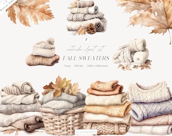 Watercolor Fall Sweaters Clipart: Cozy Neutral Autumn, Folded Wool Sweater PNG, Stickers Clip Art (Digital Download)