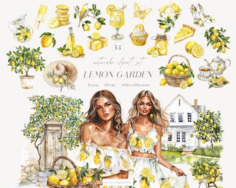 Clipart de Jardín de Limones en Acuarela: Cítricos de Verano, Álbum de Recortes, Diario de Basura, Pegatinas (Descarga Digital)