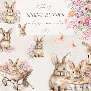 Clipart di conigli e fiori di campo, PNG di coniglietti carini, Clipart di primavera, PNG di Pasqua, Clipart di conigli di Pasqua, PNG di fiori di primavera, Clipart per adesivi