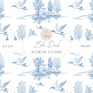 Motivo senza cuciture in toile de jouy blu chinoiserie, motivo anatra, motivo animali, carta digitale per bambini, blu, clipart per carte, tessuti