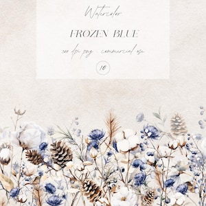 Clipart Floral de Inverno, Clipart de Frutas de Inverno em Aquarela, Buquê de Flores de Algodão PNG, Clipart de Flores Azuis Empoeiradas, Download de Botânicos de Inverno