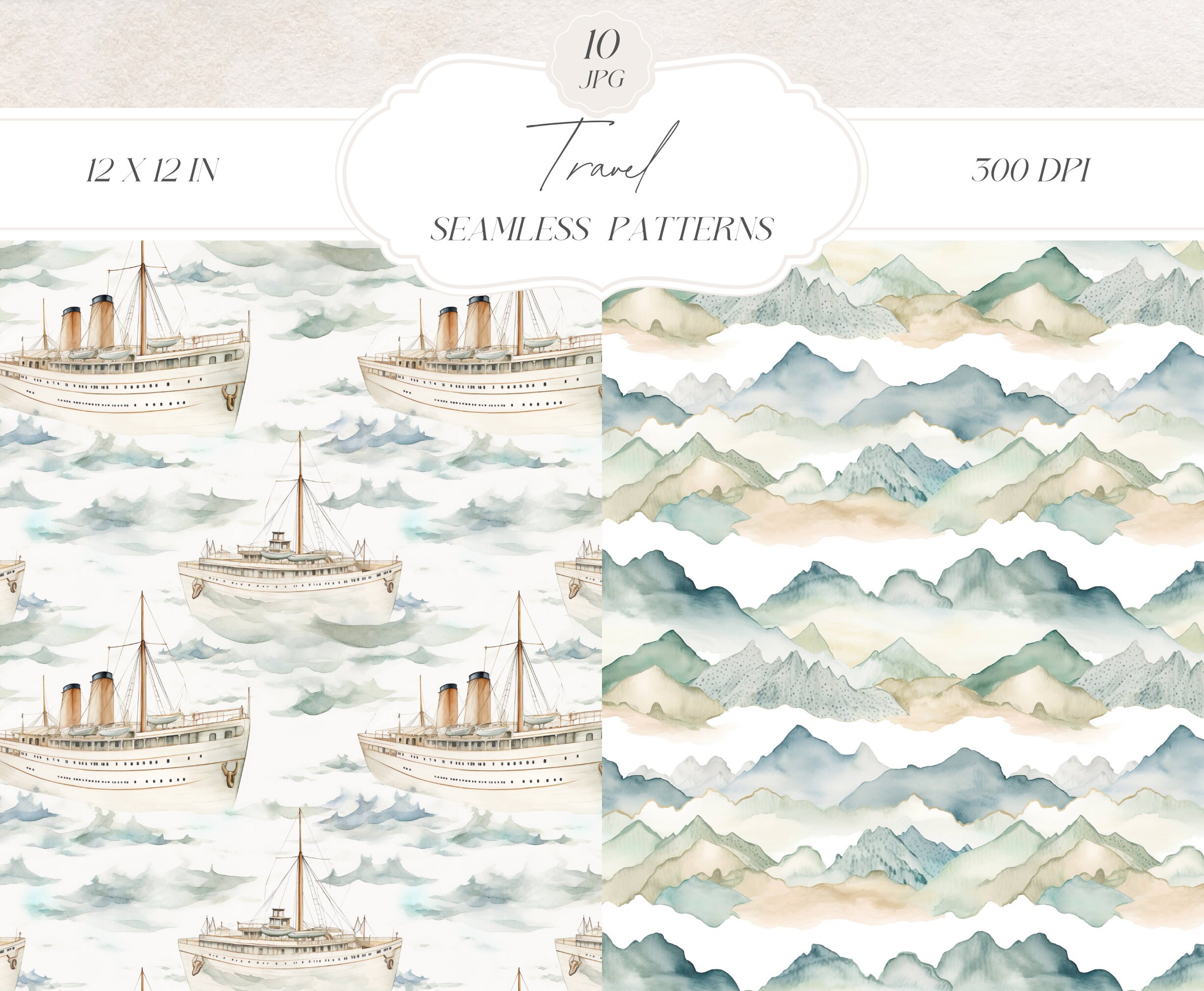 Watercolor Travel Seamless Patterns, Neutral World Map Digital Paper ...