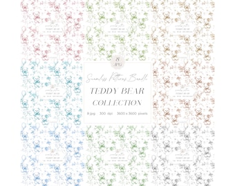 Teddy Bear Seamless Patterns Bundle: Toile Nursery Digital Paper, Chinoiserie Pattern for Papers, Fabrics & POD (Digital Download)