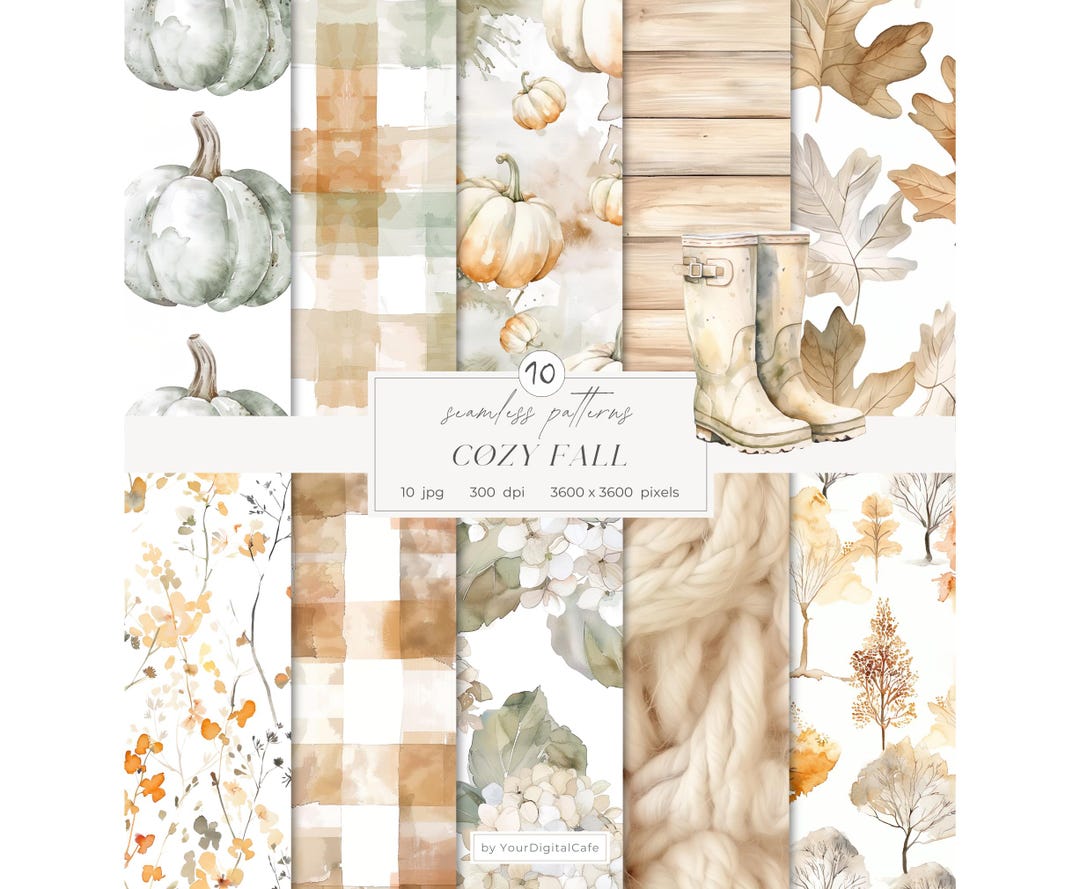 Watercolor Cozy Fall Seamless Patterns: Neutral Autumn Digital Paper ...