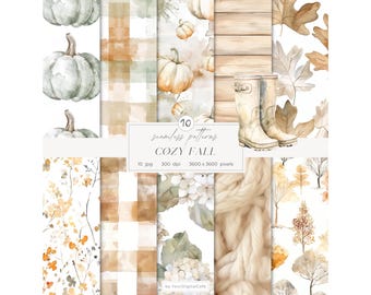 Naadloze aquarelpatronen gezellige herfst: neutraal herfst digitaal papier, bloemen, pompoenen (digitale download)