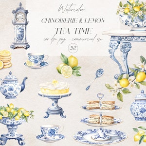 Aquarel vintage theetijd clipart, clipart Tea Party, clipart chinoiserie, desserts clipart, thee clipart, png voor stickers, scrapbooking