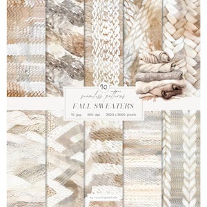 Watercolor Cozy Fall Seamless Patterns: Warm Knits Digital Paper, Neutral Knitted Wool Background (Digital Download)