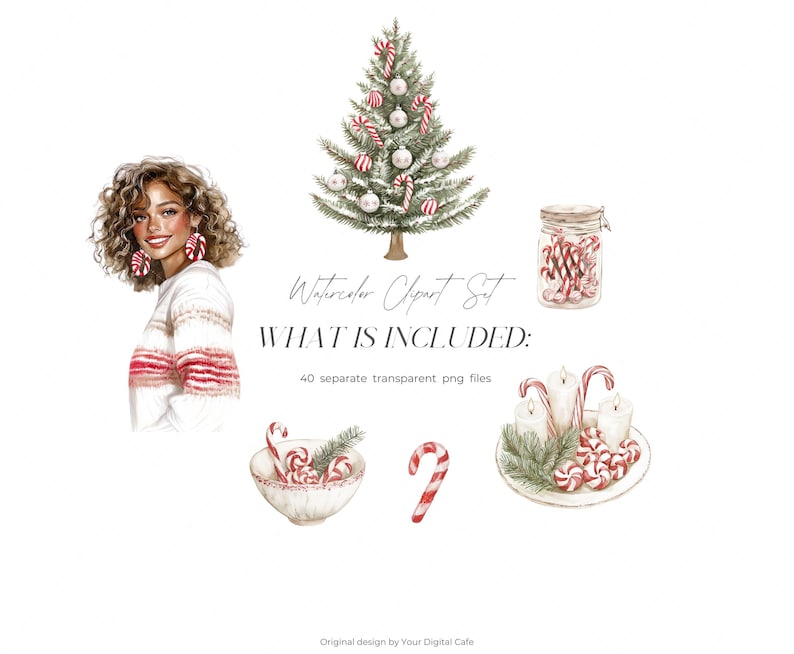 Gezellige kerst candy cane clipart: neutrale winter graphics, leuke kerst png, stickers illustraties (digitale download) afbeelding 2