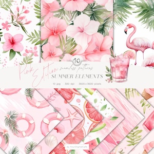 Patrones sin costuras con elementos de verano en rosa: Fondo floral de acuarela, papel para álbum de recortes (descarga digital)