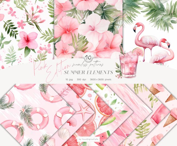 Pink Summer Elements Seamless Patterns: Watercolor Floral Background, Scrapbook Paper (Digital Download)