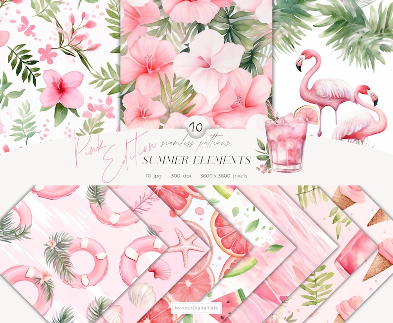 Pink Summer Elements Seamless Patterns: Watercolor Floral Background, Scrapbook Paper (Digital Download) image 1