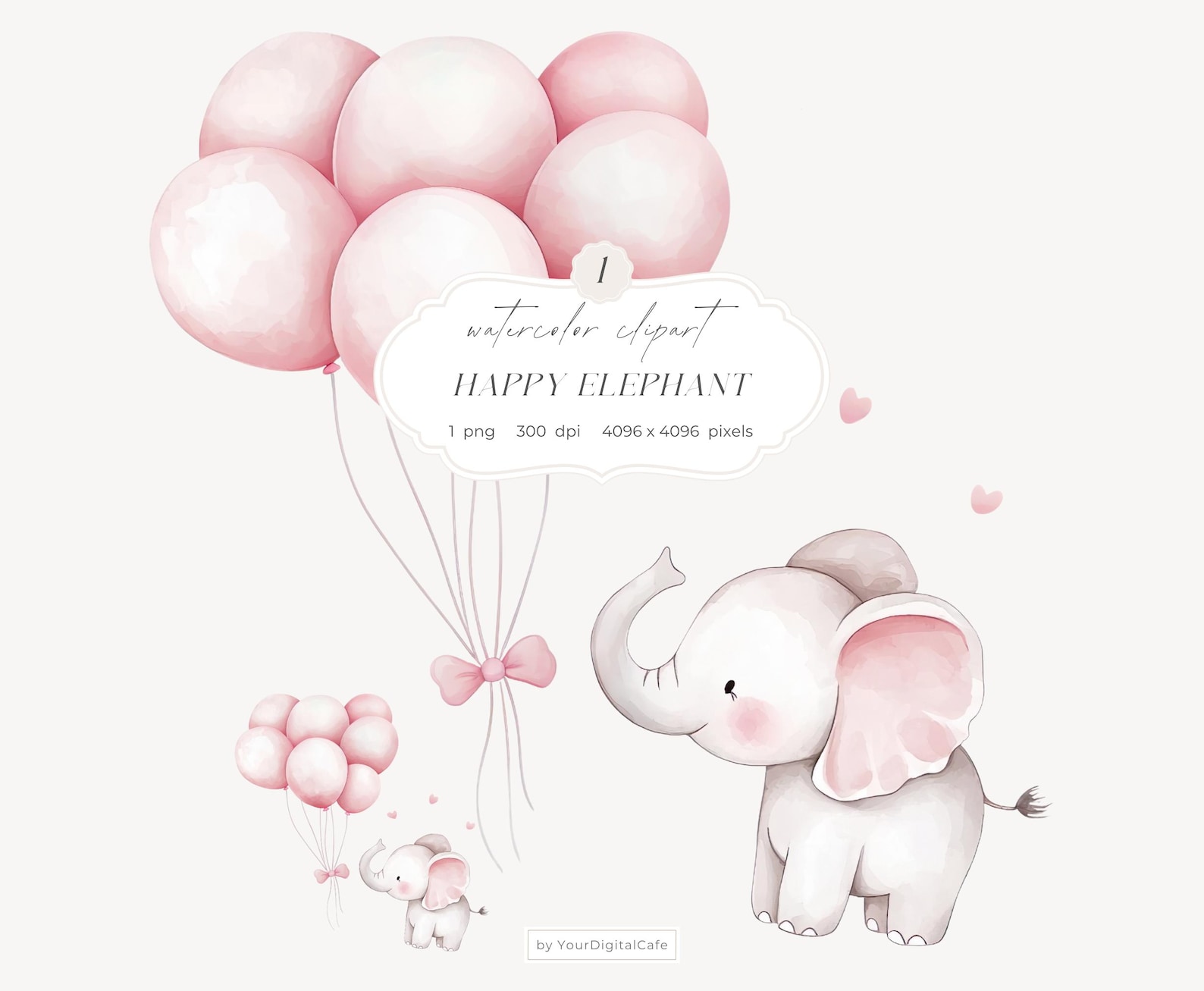 Watercolor Baby Elephant Clipart: Nursery Elephant PNG, Cute Pink ...