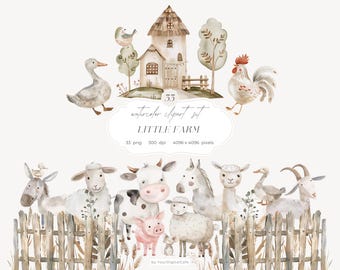 Watercolor Little Farm Clipart: Farm Animals PNG, Neutral Nursery Clip Art, Baby Shower, Birthday (Digital Download)