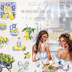 Clipart Mediterráneo, Clipart de Limón en Acuarela, Clipart de Limón y Azul, Png Azul y Blanco, Chica en Acuarela, Pegatinas Digitales del Mediterráneo