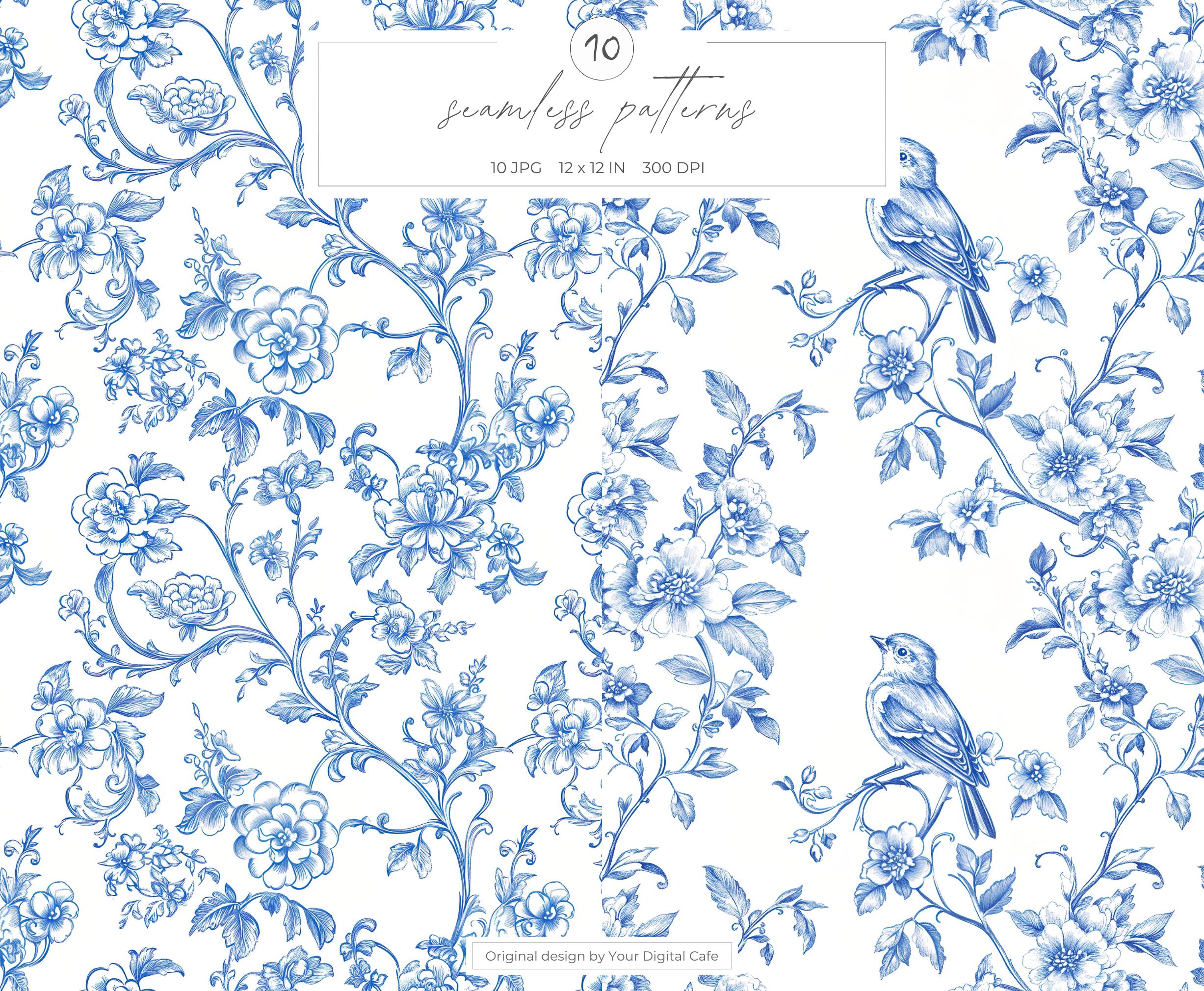Blue Chinoiserie Seamless Patterns: Vintage Floral Birds Toile De Jouy ...