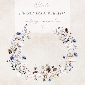 Clipart verdure hiver, aquarelle Couronne des cliparts, Couronne de pommes de pin, Couronne hiver bleu poussiéreux, Couronne de fleurs de coton, Couronne de baies PNG