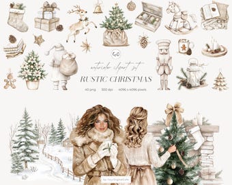 Rustic Christmas Watercolor Clipart: Christmas Scenes, Cozy Winter Graphics, Neutral Ornaments PNG (Digital Download)