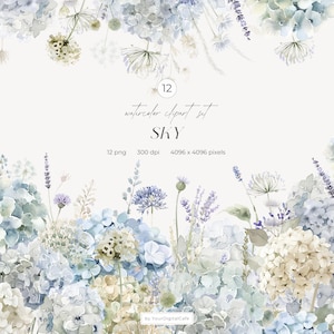 Watercolor Dusty Blue Hydrangeas & Wildflowers Clipart: Borders, Frames, Bouquets, Floral Wedding Clip Art (Digital Download)