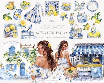 Clipart de acuarela mediterránea: Limón y azulejo azul, scrapbook, diario basura, pegatinas (descarga digital)