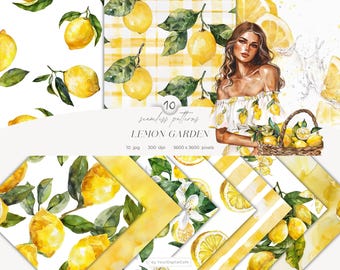Watercolor Lemon Seamless Pattern: Summer Citrus Background, Scrapbook, Clipart for Papers, Fabrics (Digital Download)