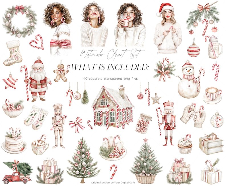 Gezellige kerst candy cane clipart: neutrale winter graphics, leuke kerst png, stickers illustraties (digitale download) afbeelding 9