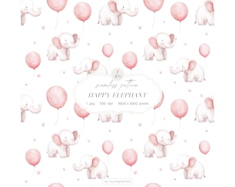 Pink Baby Elephant Seamless Paper: Nursery Pattern, Elephants and Balloons, Scrapbook Paper (Digital Download)