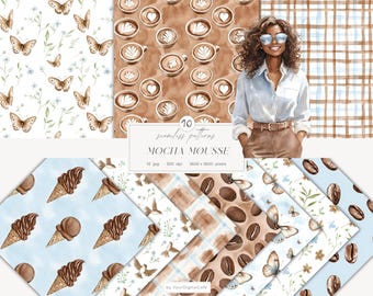 Spring Seamless Paper: Floral Background, Summer Patterns, Scrapbook Paper, Mocha Mousse, Soft Blue (Digital Download)
