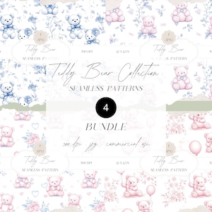 Chinoiserie Teddy Bear Toile de Jouy Seamless Patterns Bundle, Pattern For Kids, Nursery Digital Paper, Download Clipart for Papers, Fabrics